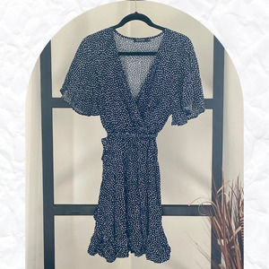 Women's XL Navy Blue Polka Dot Flowy Wrap Dress